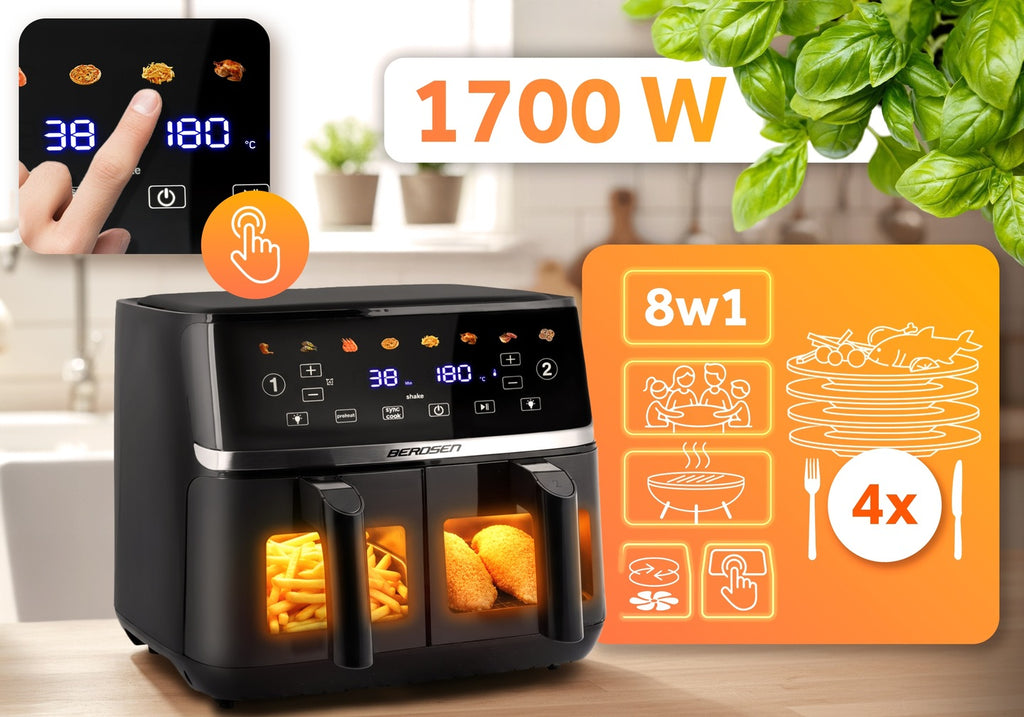 Didelė oro gruzdintuvė 10,2 l, XL dvigubos kameros, Berdsen BD-657, 1700 W, juoda