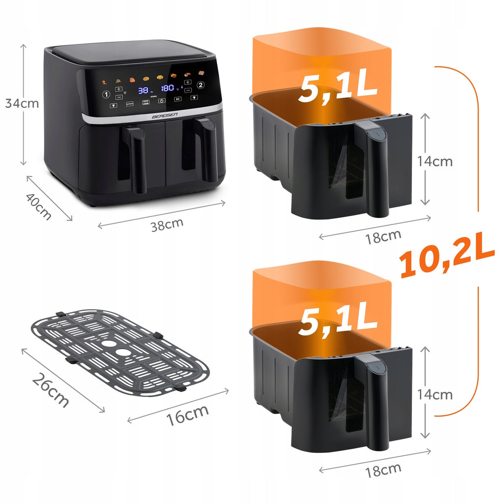 Didelė oro gruzdintuvė 10,2 l, XL dvigubos kameros, Berdsen BD-657, 1700 W, juoda