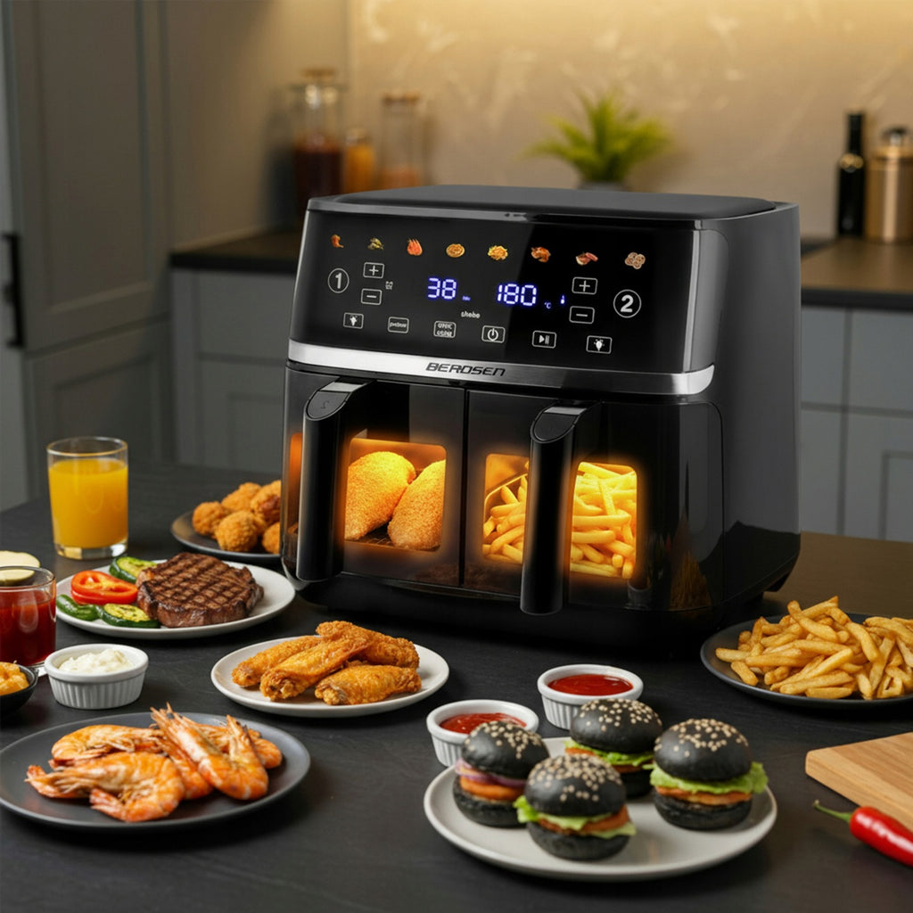 Didelė oro gruzdintuvė 10,2 l, XL dvigubos kameros, Berdsen BD-657, 1700 W, juoda