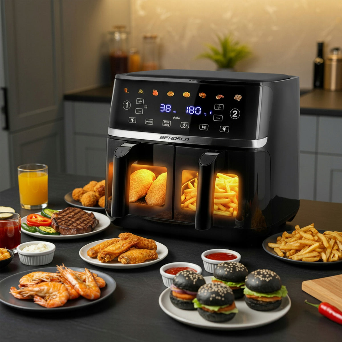 Didelė oro gruzdintuvė 10,2 l, XL dvigubos kameros, Berdsen BD-657, 1700 W, juoda